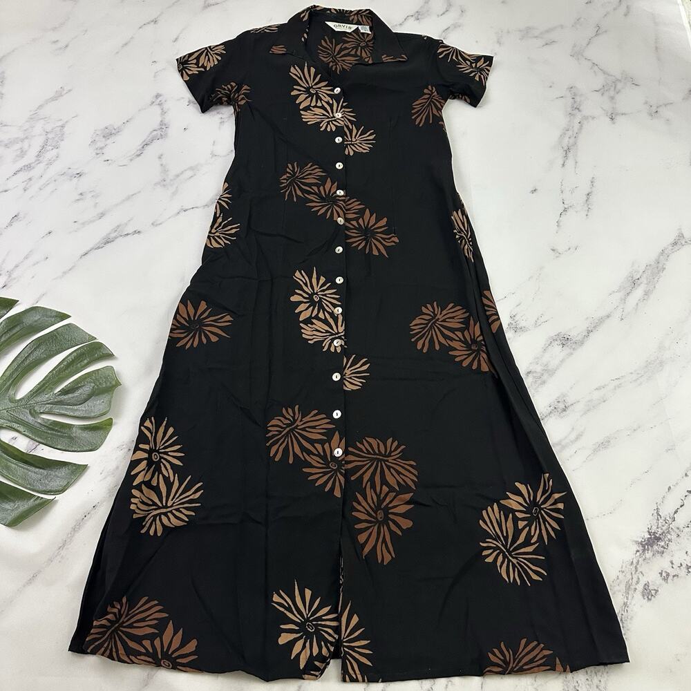 Orvis Womens Vintage Y2k Maxi Shirt Dress Size S Black Brown Floral Buttons